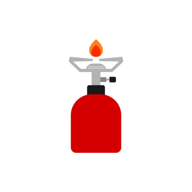Gas camping stove color icon. Camping, outdoor, travel equipment. Cooking food in nature or without electricity. Small propane portable camp stove. Survival gear. Vector illustration, flat, clip art. camping stove stock illustrations