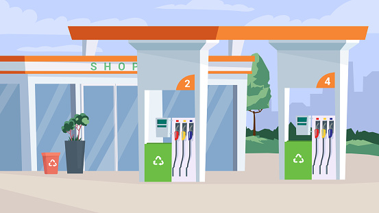 Gas station building view, banner in flat cartoon design. Refueling facility service, shop, plants and trash cans. Urban infrastructure, transportation concept. Vector illustration of web background