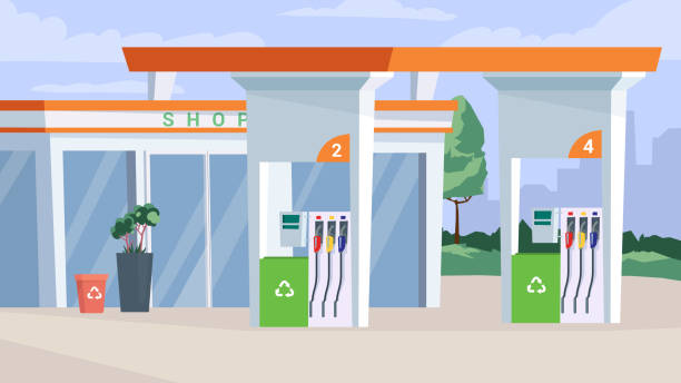 Gas station building view, banner in flat cartoon design. Refueling facility service, shop, plants and trash cans. Urban infrastructure, transportation concept. Vector illustration of web background Gas station building view, banner in flat cartoon design. Refueling facility service, shop, plants and trash cans. Urban infrastructure, transportation concept. Vector illustration of web background garage backgrounds stock illustrations