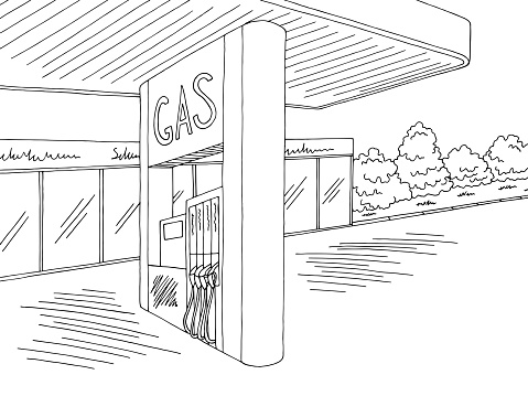 Gas station exterior graphic black white sketch illustration vector