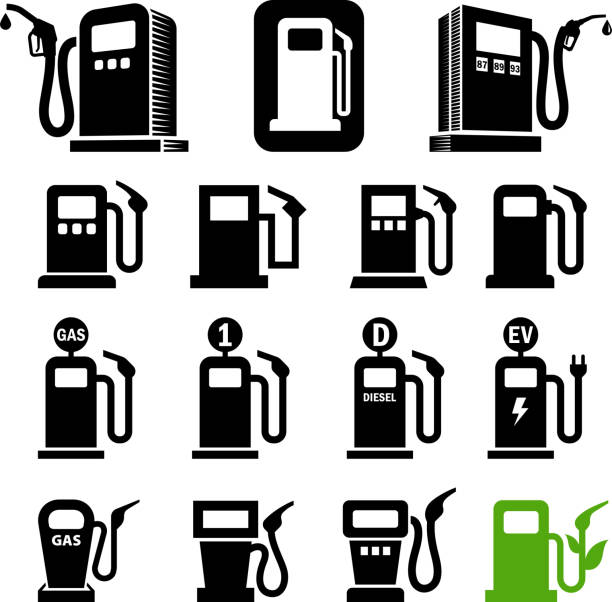 gas station kraftstoffpumpe schwarz und weiß, vektor icon-set - tankstelle stock-grafiken, -clipart, -cartoons und -symbole