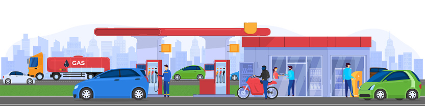 Gas station in city, people refueling cars, vector illustration