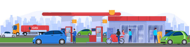 Gas station in city, people refueling cars, vector illustration Gas station in city, people refueling cars, vector illustration. City traffic, man in uniform fueling car at petrol station, customer paying for service. People using gas pump, charging electric car garage designs stock illustrations