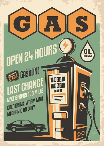 Gas station retro poster design. Vintage flyer with car graphic and gas pump illustration.
