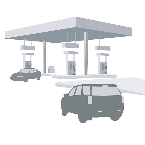 Gas Station A vector silhouette illustration of an SUV pulling up to a gas station.  A small car drives away. garage silhouettes stock illustrations
