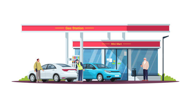 Gas station with people semi flat RGB color vector illustration Gas station with people semi flat RGB color vector illustration. Attendant servicing. Diesel, gasoline fuel filling station and customers. isolated cartoon characters on white background garage clipart stock illustrations