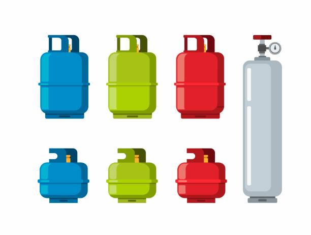 gas tank zylinder, flüssiggas-gas-sammlung-symbol-set. cartoon flache illustration vektor in weißem hintergrund - gas stock-grafiken, -clipart, -cartoons und -symbole