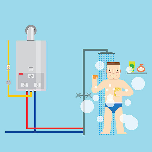 stockillustraties, clipart, cartoons en iconen met gas water heater and man in the bathroom - boiler