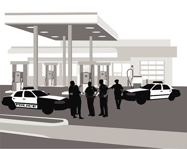 GasStationPolice Police investigate an incident at a gas station.  Police men interview witnesses, another walks to his police cruiser. garage silhouettes stock illustrations