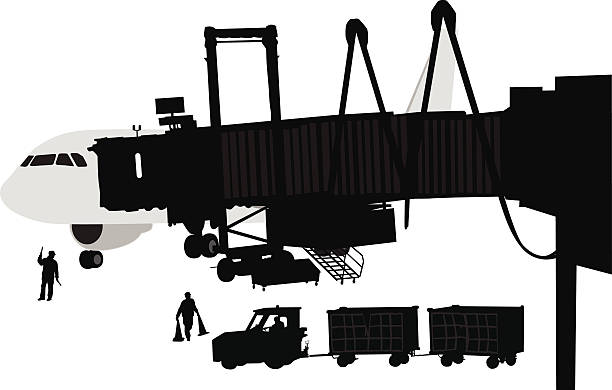 GateNumberSix An airplane loads cargo and passengers. airport silhouettes stock illustrations