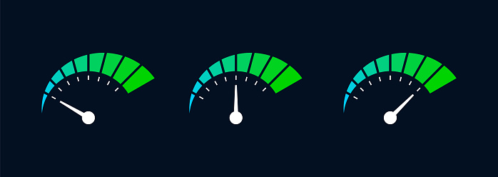 Modern car dashboard. Blue green neon speedometer. Colorful level indicator. Empty or full fuel tank. Vector illustration, flat, clip art.