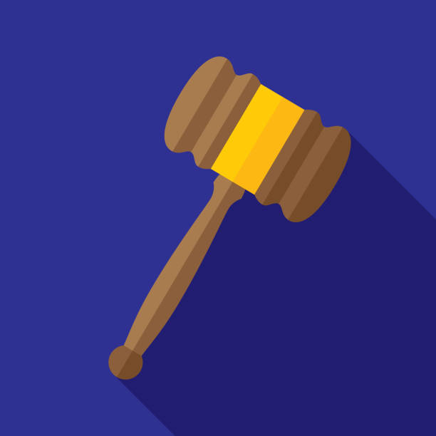 Gavel Icon Flat Vector illustration of a gavel against a blue background in flat style. supreme court stock illustrations