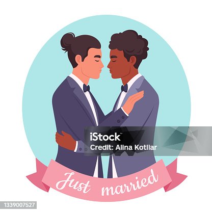 istock Gay couple hugging. LGBT wedding, pride concept. Multicultural couple. Vector illustration 1339007527