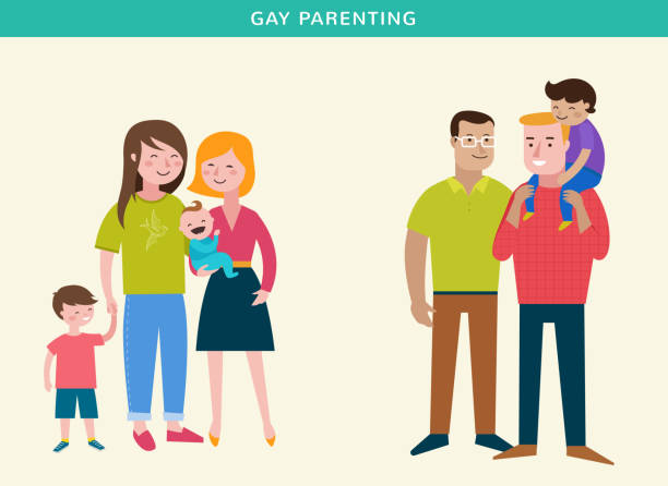 gay families, happy family, making fun, couple with kids - 同性情侶 幅插畫檔、美工圖案、卡通及圖標