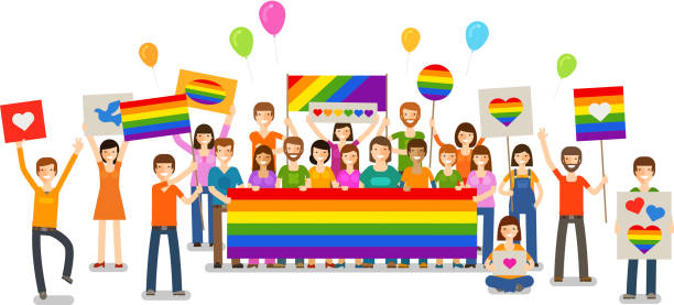 gay parade. people with placards. sexual revolution or free love - 同性戀驕傲遊行 幅插畫檔、美工圖案、卡通及圖標
