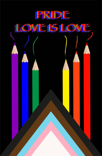 элемент современного дизайна gay pride для лгбт, лгбтк или лгбткиа+ прайд (лесбиянки, геи, бисексуалы, трансгендеры и квиры). текст любовь есть лю - progress pride flag stock illustrations