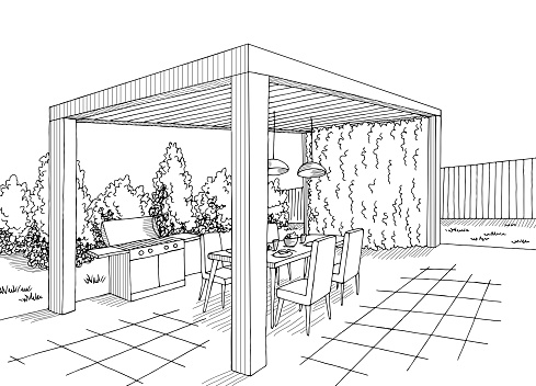 Gazebo garden modern graphic black white architect landscape sketch illustration vector 3