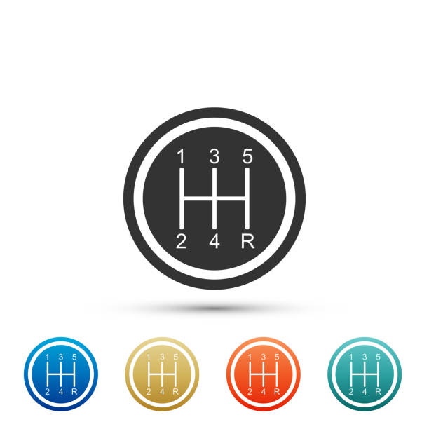 Gear shifter icon isolated on white background. Transmission icon. Set elements in colored icons. Flat design. Vector Illustration Gear shifter icon isolated on white background. Transmission icon. Set elements in colored icons. Flat design. Vector Illustration shift knob stock illustrations