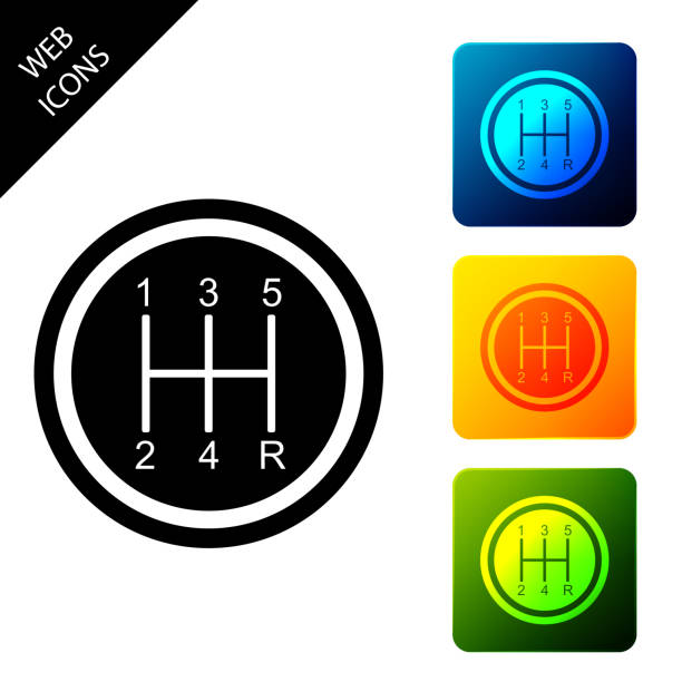 Gear shifter icon isolated. Transmission icon. Set icons colorful square buttons. Vector Illustration Gear shifter icon isolated. Transmission icon. Set icons colorful square buttons. Vector Illustration shift knob stock illustrations