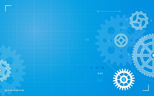 Gears. Abstract technical drawing, blueprint with gear, cogs. Mechanical engineering, machinery construction, technology vector background