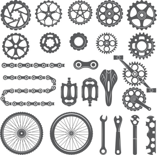 Gears, chains, wheels and other different parts of bicycle Gears, chains, wheels and other different parts of bicycle. Bike pedal and elements for cycle biking, vector illustration cycling stock illustrations
