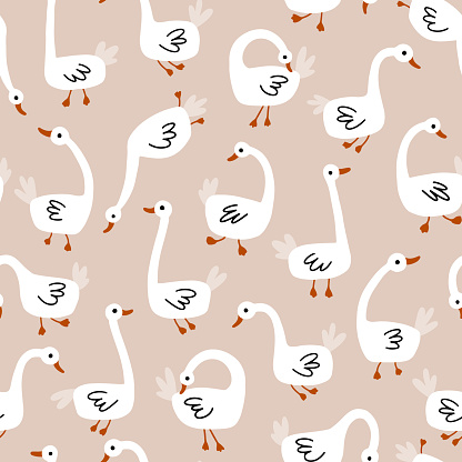 Geese seamless pattern. White Goose in different poses. Cute vector illustration in simple hand drawn cartoon style. Simple childish cartoon style perfect for textiles, baby shower fabrics.