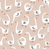 istock Geese seamless pattern. White Goose in different poses. Cute vector illustration in simple hand drawn cartoon style. Simple childish cartoon style perfect for textiles, baby shower fabrics. 1312660447