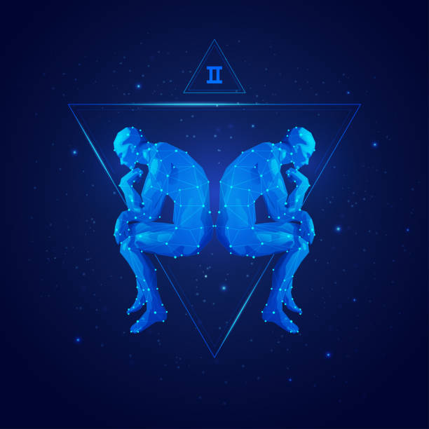 gemini vector of gemini horoscope sign in twelve zodiac with galaxy stars background, graphic of polygon man thinking twins stock illustrations