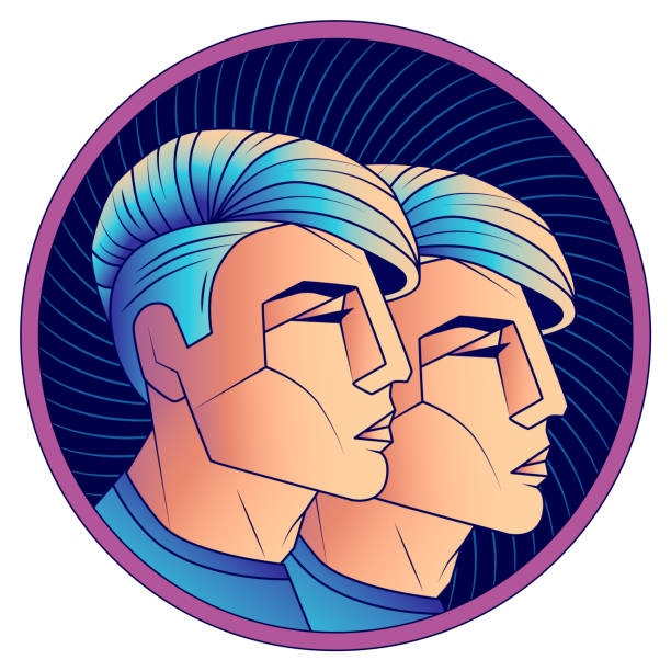 Gemini zodiac sign, horoscope symbol blue, vector Gemini zodiac sign, astrological horoscope symbol. Futuristic style icon. Stylized graphic portrait young guys from the future with stylish modern hairstyle Undercut and blue hair. Vector illustration twins stock illustrations