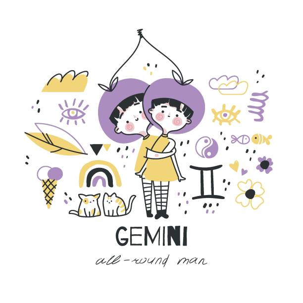 Gemini zodiac sign illustration. Astrological horoscope symbol character for kids. Colorful card with graphic elements for design. Hand drawn vector in cartoon style with lettering Gemini zodiac sign illustration. Astrological horoscope symbol character for kids. Colorful card with graphic elements for design. Hand drawn vector in cartoon style with lettering drawing of a cute little anime boy stock illustrations