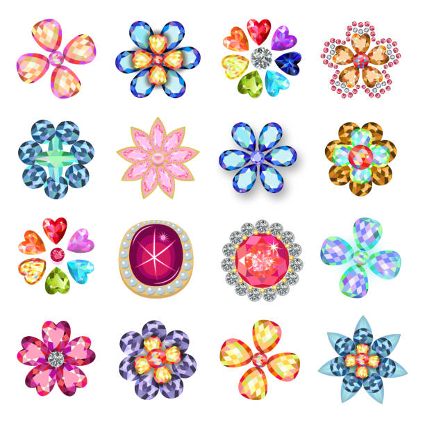 ilustrações de stock, clip art, desenhos animados e ícones de gemstones jewelry brooch flower pattern set - carnival accessories flat lay