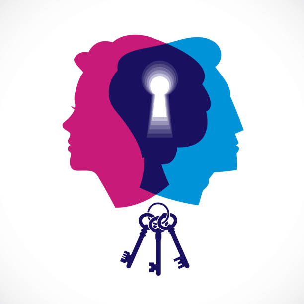 Gender psychology concept created with man and woman heads profiles and keyhole with key of understanding, vector illustration of relationship problems and conflicts in family and society. Gender psychology concept created with man and woman heads profiles and keyhole with key of understanding, vector illustration of relationship problems and conflicts in family and society. divorce silhouettes stock illustrations
