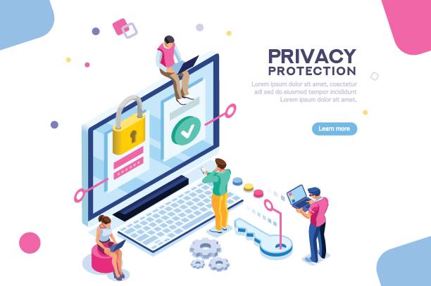 General Data Protection Banner Infographic, banner with hero protect data and confidentiality. Safety and confidential data protection, concept with character saving code and check access. Flat isometric vector illustration. general data protection regulation stock illustrations