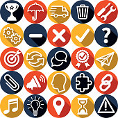 General round flat design icon set with side shadow stock illustration. A set of flat design styled computer icons with a long side shadow. All icons are on separate layers. Colours are easy to change.