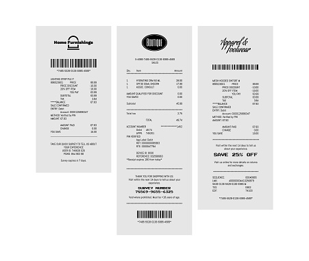 Generic paper receipts in vector format laying on table isolated. Fictitious