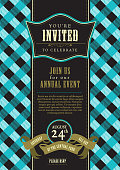 Vector illustration of a generic vintage invitation design template. Includes Sample text design and elements such as checkered background and label with You're Invited to Celebrate text. Turquoise, gold and black colors. Textured background. Download includes Illustrator 8 eps, high resolution jpg and png file.