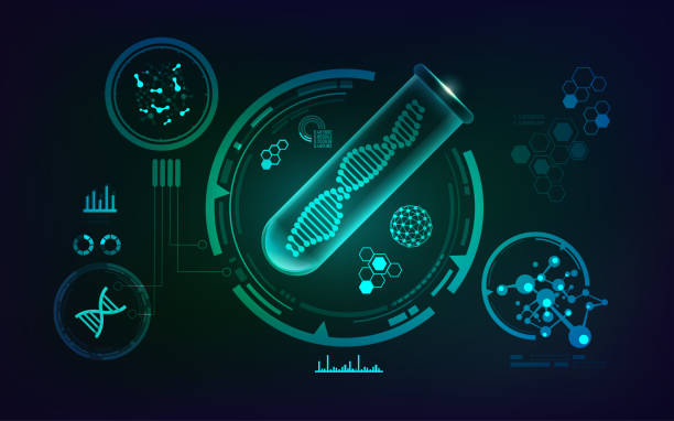genetic engineering concept of genetic engineering, vector of realistic test tube and shape of dna inside with science technology analysis interface biotechnology stock illustrations
