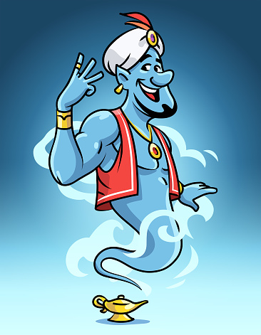 Vector illustration of a blue genie coming out of a magic lamp granting three wishes.