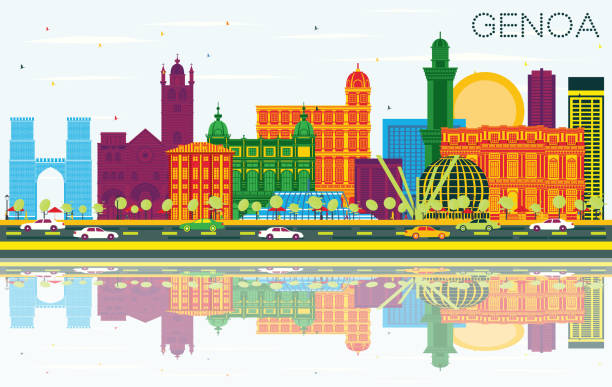 illustrazioni stock, clip art, cartoni animati e icone di tendenza di skyline della città di genova italia con edifici a colori, cielo blu e riflessi. - genova