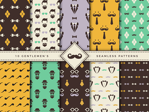 Gentlemen patterns. Textile seamless backgrounds for male clothes fashioned fabric textures with geometrical shapes vector set