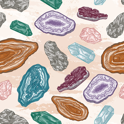 Geodes and Gems and Rocks Seamless Pattern on a Watercolor Background