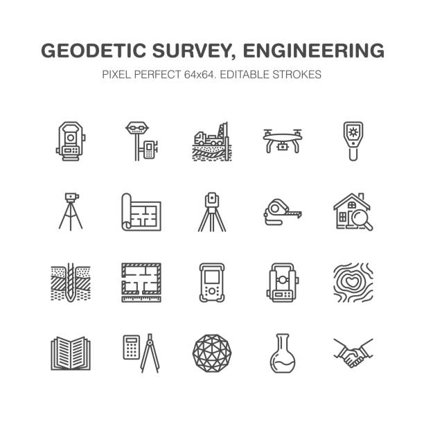 geodetic 조사 엔지니어링 벡터 플랫 라인 아이콘입니다. 측지학 장비, tacheometer, 경위의 삼각대입니다. 지질 연구, 측정 건물입니다. 건설 서비스 서명입니다. 픽셀 완벽 한 64 x 64 - 지질학 stock illustrations