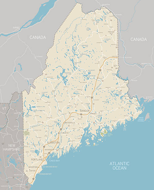 Geographical state map of Maine A detailed map of Maine state with cities, roads, major rivers, and lakes. Includes neighboring states and surrounding water.  map of new england states stock illustrations