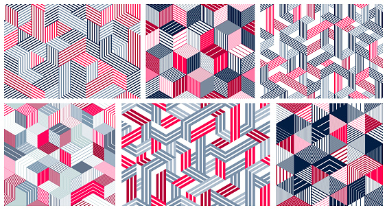 Geometric 3D seamless patterns with lined cubes, stripy boxes blocks vector backgrounds set, architecture and construction, wallpaper designs.