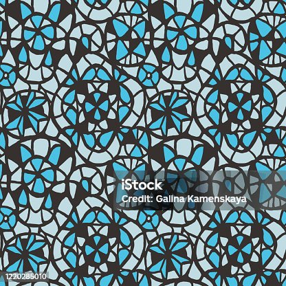 istock Geometric abstract lace Kaleidoscope grid texture. stained glass window seamless pattern 1220285010