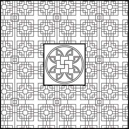 Geometric Chinese background with traditional decorative elements.