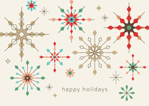 幾何学的な雪は挨拶と背景。クリスマス、シンプルな幾何学的形状のホリデーグリーティングカード。定型化された雪片。スカンジナビアスタイル。