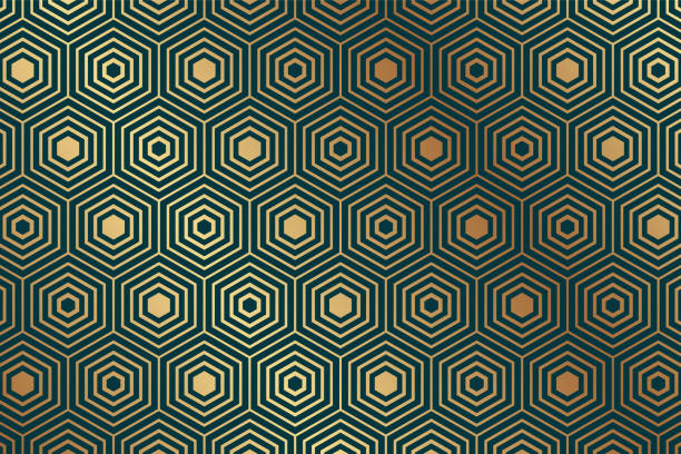 Geometric luxury background with golden hexagons or honeycomb on a green. Modern geometric luxury background for banner or presentation or greeting card. bee designs stock illustrations