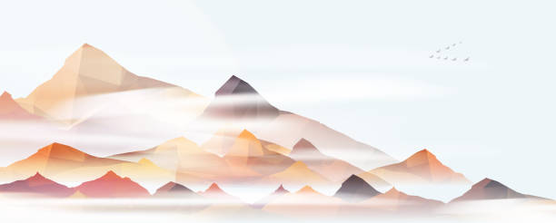 霧の中の幾何学的な山の風景 - オアシス点のイラスト素材／クリップアート素材／マンガ素材／アイコン素材