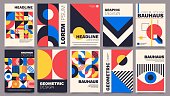 istock Geometric posters. Bauhaus cover templates with abstract geometry. Retro architecture minimal shapes, forms, lines and eye design vector set 1315125488